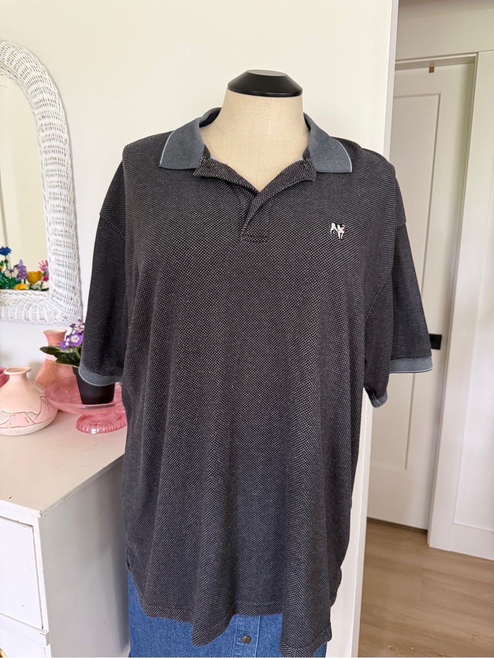 Vintage Big Dogs Men's Charcoal Polo with Contrast Collar